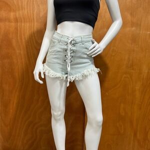 36 Point 5 Women's Lace Up Denim Shorts Frayed Raw Hem Light Wash Size S